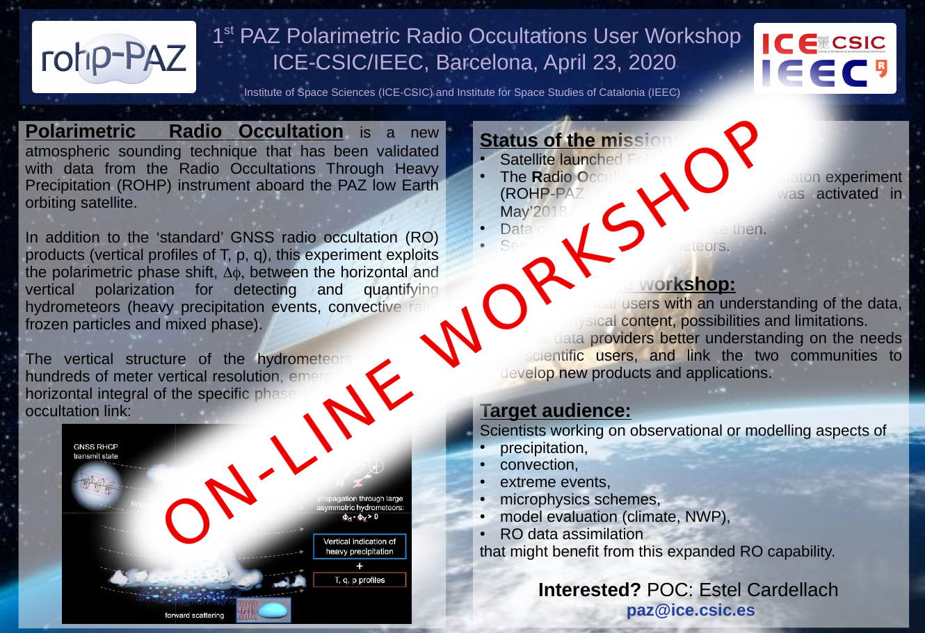 1st PAZ Polarimetric Radio Occultations User Workshop